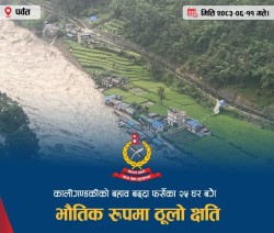  कालीगण्डकी नदीको बहाव बढ्दा पर्वतको फर्सेमा २५ घर बगायो